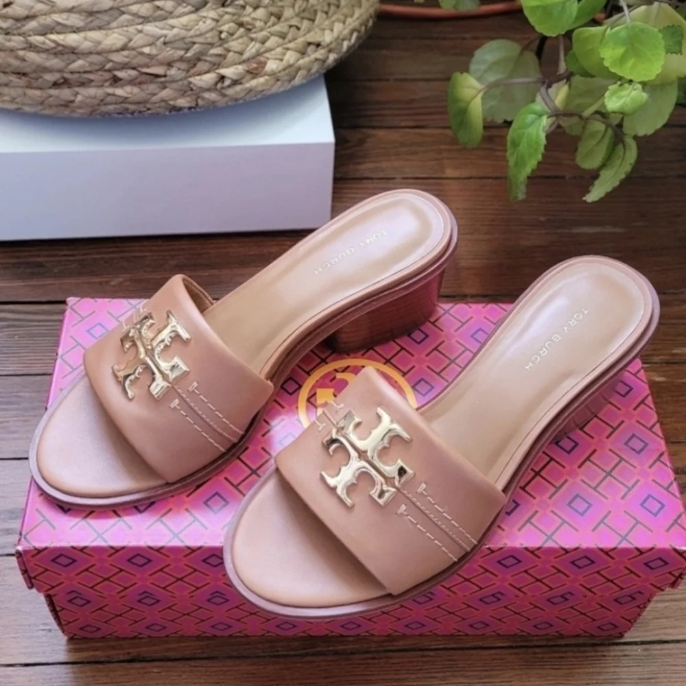 ⭐️Tory Burch womens Peep-toe Tan Slide Sandals with Gold Logo - Picture 10 of 16